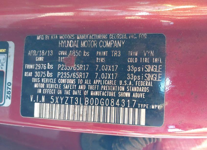 Photo 9 of 2013 Hyundai Santa FE SPORT (VIN 5XYZT3LB0DG084317)