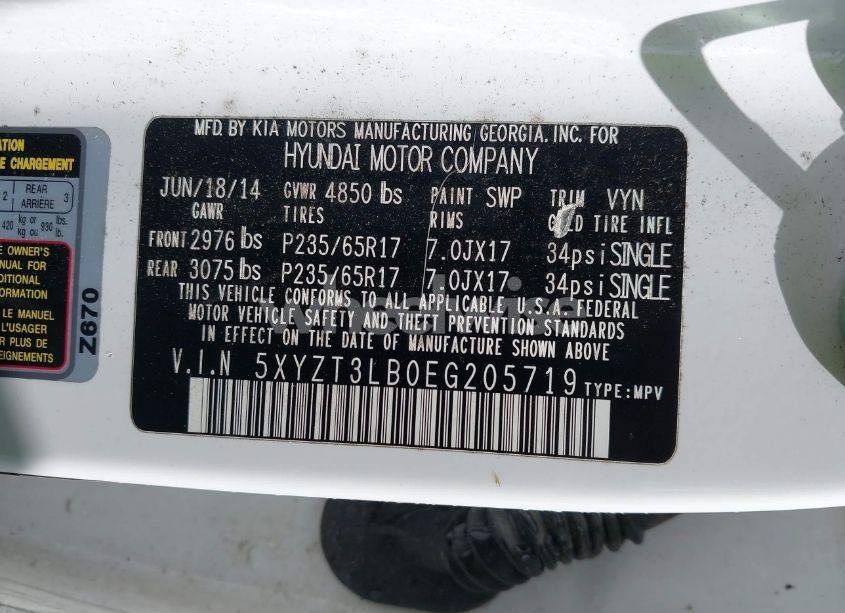 Photo 9 of 2014 Hyundai Santa FE SPORT 2.4L (VIN 5XYZT3LB0EG205719)