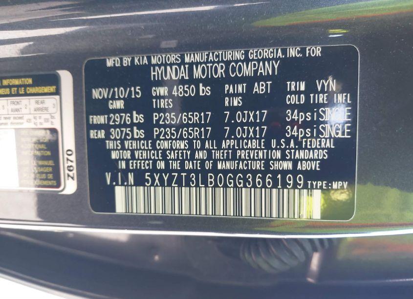 Photo 9 of 2016 Hyundai Santa FE SPORT 2.4L (VIN 5XYZT3LB0GG366199)