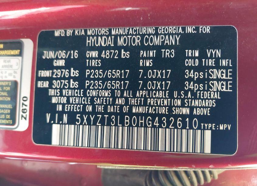 Photo 9 of 2017 Hyundai Santa FE SPORT 2.4L (VIN 5XYZT3LB0HG432610)