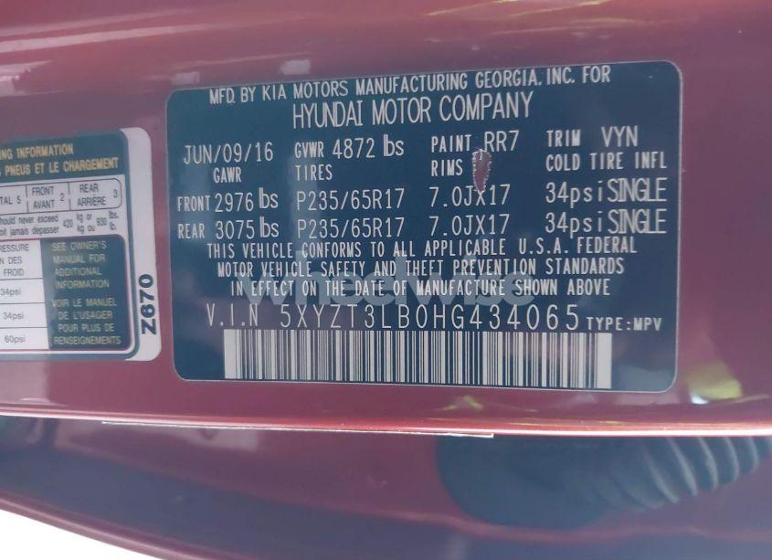 Photo 9 of 2017 Hyundai Santa FE SPORT 2.4L (VIN 5XYZT3LB0HG434065)