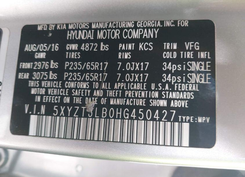 Photo 9 of 2017 Hyundai Santa FE SPORT 2.4L (VIN 5XYZT3LB0HG450427)