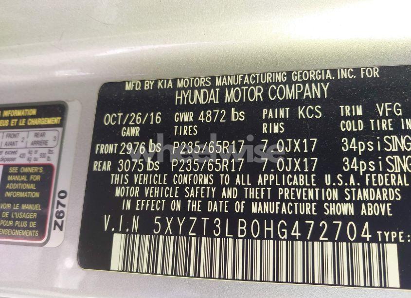 Photo 9 of 2017 Hyundai Santa FE SPORT 2.4L (VIN 5XYZT3LB0HG472704)