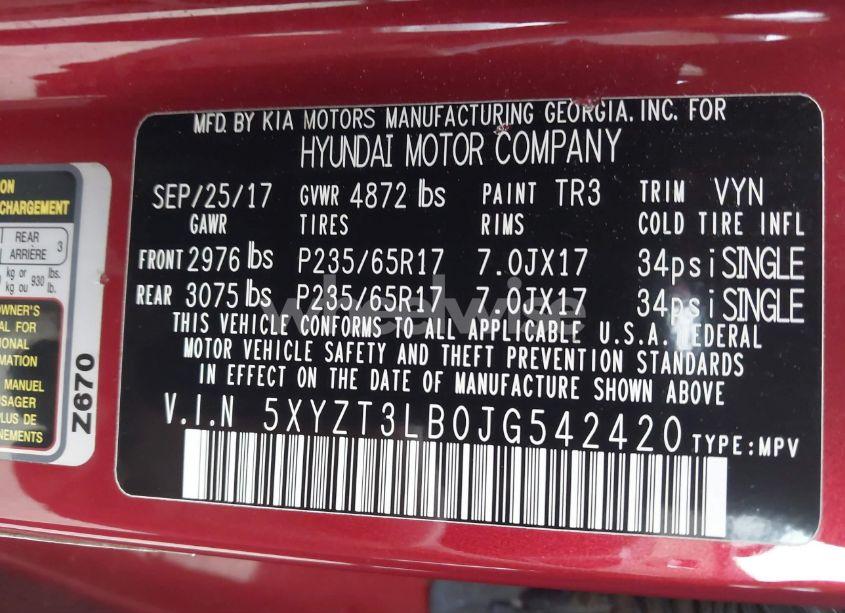 Photo 9 of 2018 Hyundai Santa FE SPORT 2.4L (VIN 5XYZT3LB0JG542420)