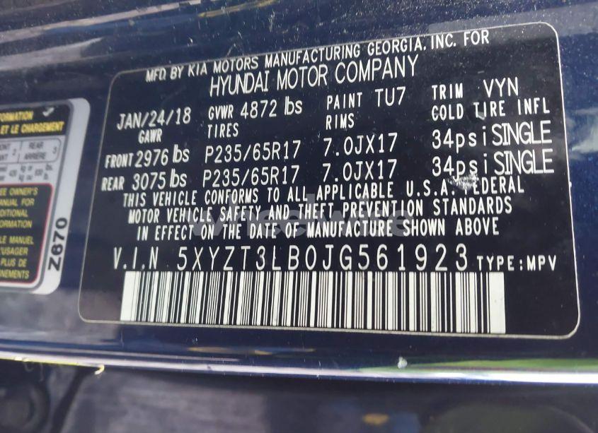 Photo 9 of 2018 Hyundai Santa FE SPORT 2.4L (VIN 5XYZT3LB0JG561923)