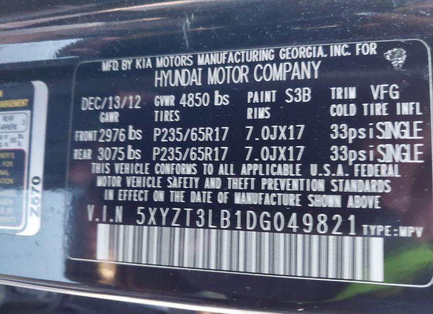 Photo 9 of 2013 Hyundai Santa FE SPORT (VIN 5XYZT3LB1DG049821)