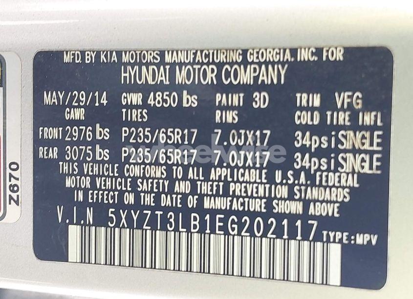 Photo 9 of 2014 Hyundai Santa FE SPORT 2.4L (VIN 5XYZT3LB1EG202117)