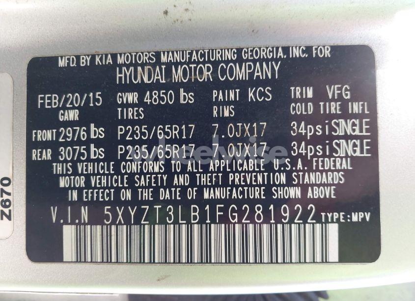 Photo 9 of 2015 Hyundai Santa FE SPORT 2.4L (VIN 5XYZT3LB1FG281922)