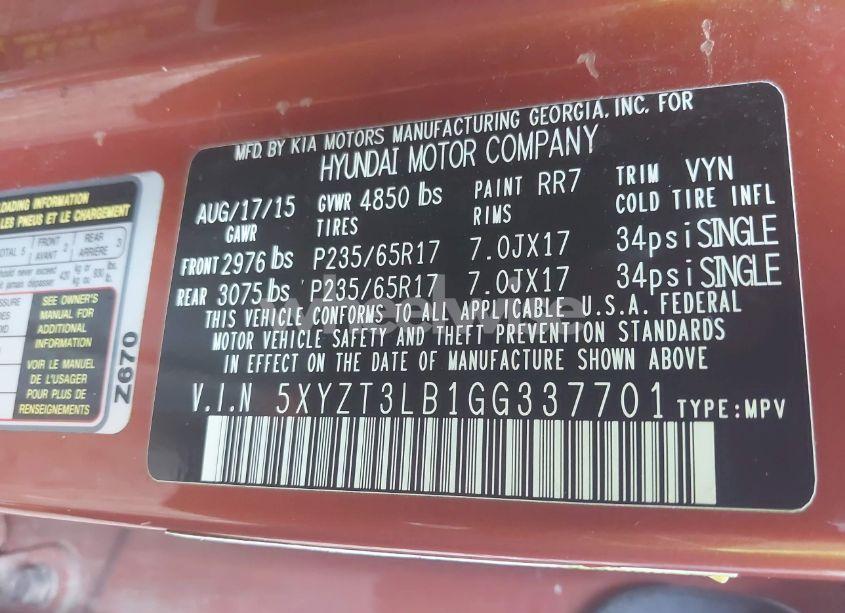 Photo 9 of 2016 Hyundai Santa FE SPORT 2.4L (VIN 5XYZT3LB1GG337701)