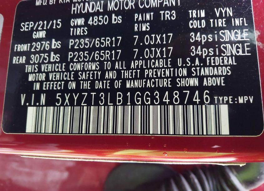 Photo 9 of 2016 Hyundai Santa FE SPORT 2.4L (VIN 5XYZT3LB1GG348746)