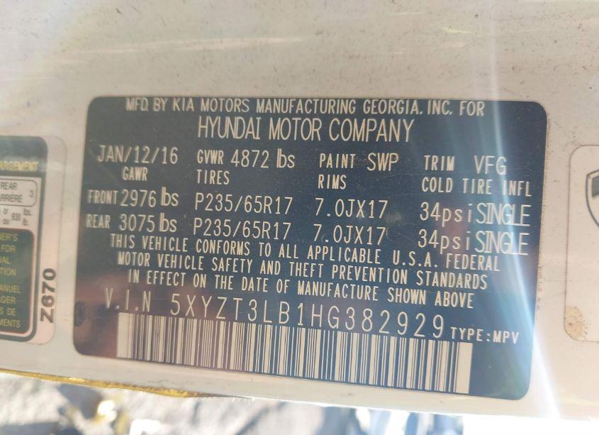 Photo 9 of 2017 Hyundai Santa FE SPORT 2.4L (VIN 5XYZT3LB1HG382929)