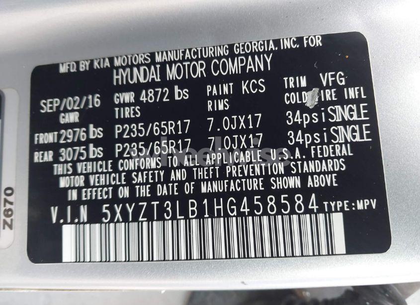 Photo 9 of 2017 Hyundai Santa FE SPORT 2.4L (VIN 5XYZT3LB1HG458584)