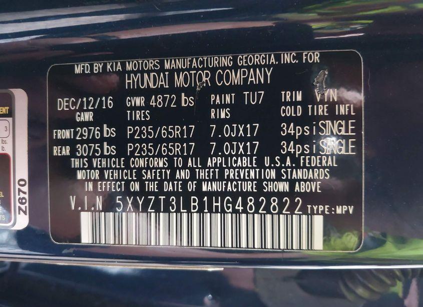 Photo 9 of 2017 Hyundai Santa FE SPORT 2.4L (VIN 5XYZT3LB1HG482822)