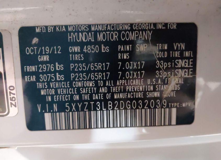 Photo 9 of 2013 Hyundai Santa FE SPORT (VIN 5XYZT3LB2DG032039)