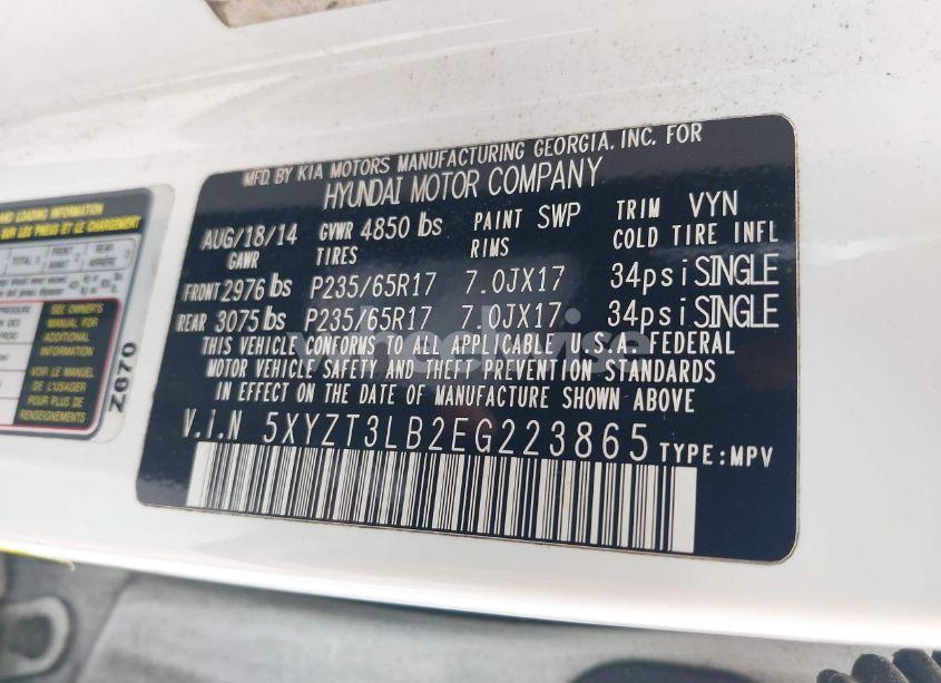 Photo 9 of 2014 Hyundai Santa FE SPORT 2.4L (VIN 5XYZT3LB2EG223865)