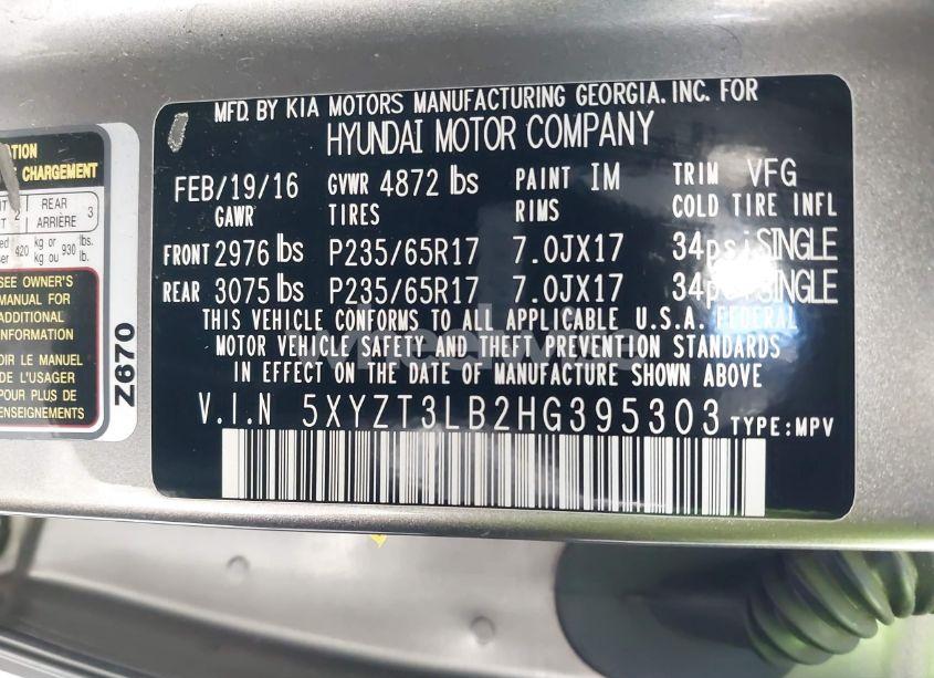 Photo 9 of 2017 Hyundai Santa FE SPORT 2.4L (VIN 5XYZT3LB2HG395303)