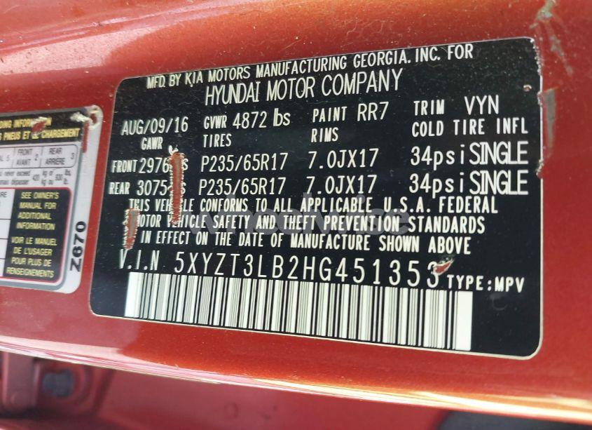 Photo 9 of 2017 Hyundai Santa FE SPORT 2.4L (VIN 5XYZT3LB2HG451353)