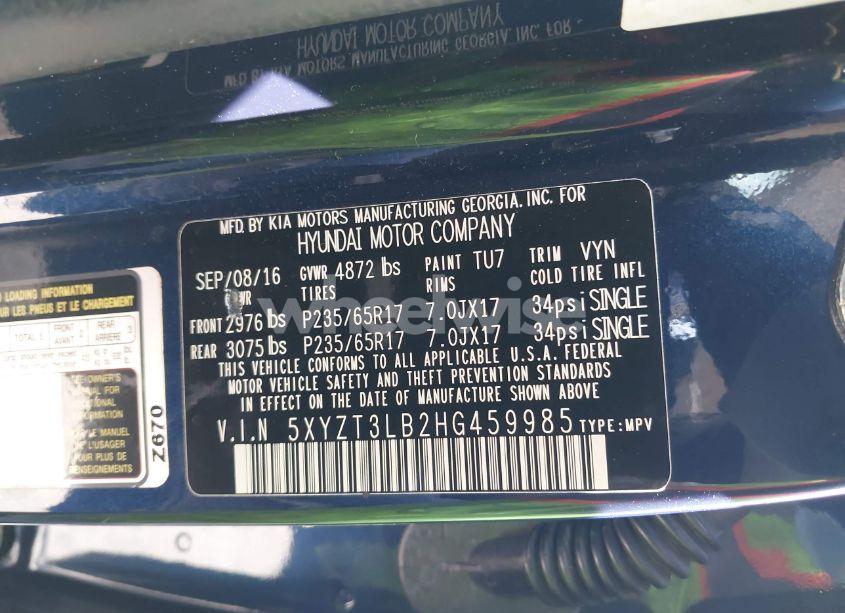 Photo 9 of 2017 Hyundai Santa FE SPORT 2.4L (VIN 5XYZT3LB2HG459985)