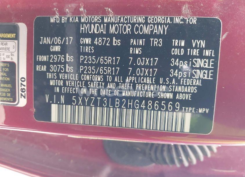 Photo 9 of 2017 Hyundai Santa FE SPORT 2.4L (VIN 5XYZT3LB2HG486569)