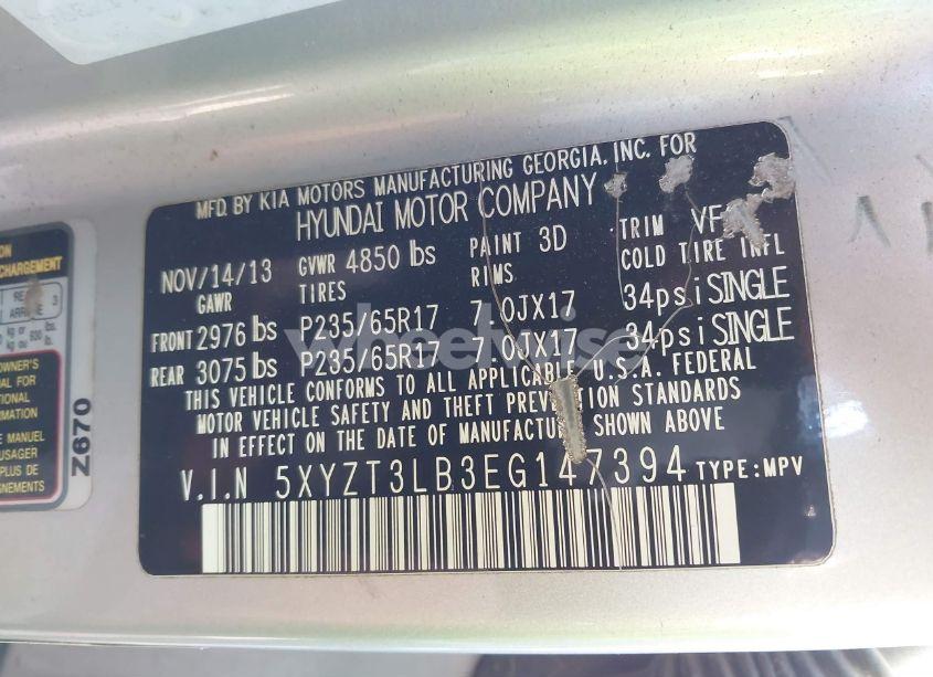 Photo 9 of 2014 Hyundai Santa FE SPORT 2.4L (VIN 5XYZT3LB3EG147394)