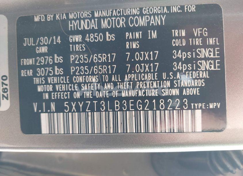 Photo 9 of 2014 Hyundai Santa FE SPORT 2.4L (VIN 5XYZT3LB3EG218223)