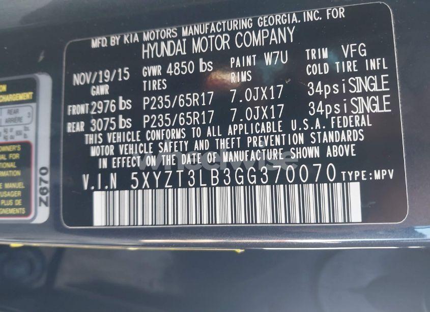 Photo 9 of 2016 Hyundai Santa FE SPORT 2.4L (VIN 5XYZT3LB3GG370070)