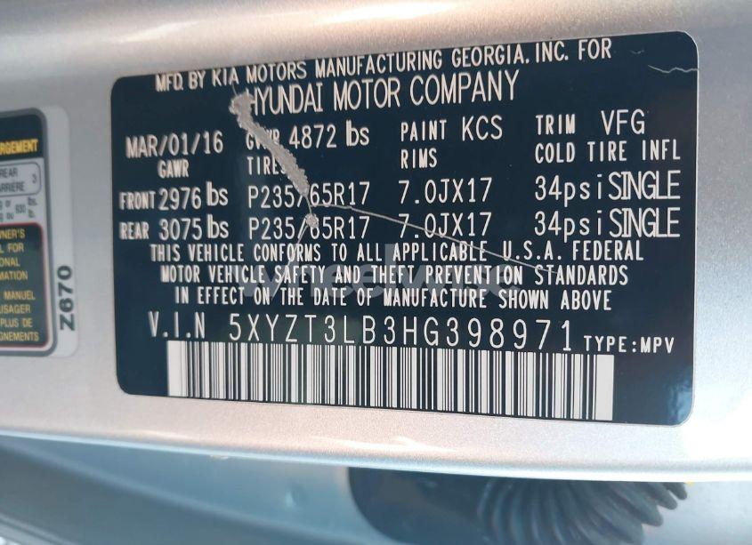 Photo 9 of 2017 Hyundai Santa FE SPORT 2.4L (VIN 5XYZT3LB3HG398971)