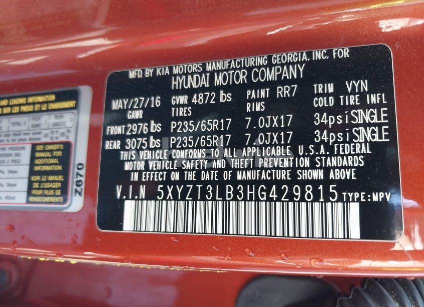 Photo 9 of 2017 Hyundai Santa FE SPORT 2.4L (VIN 5XYZT3LB3HG429815)