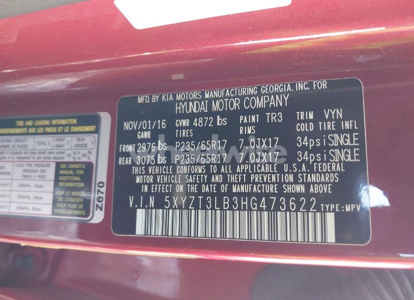 Photo 9 of 2017 Hyundai Santa FE SPORT 2.4L (VIN 5XYZT3LB3HG473622)