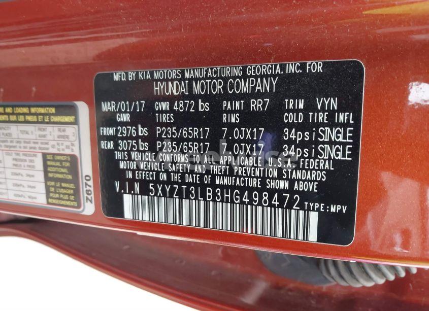 Photo 9 of 2017 Hyundai Santa FE SPORT 2.4L (VIN 5XYZT3LB3HG498472)