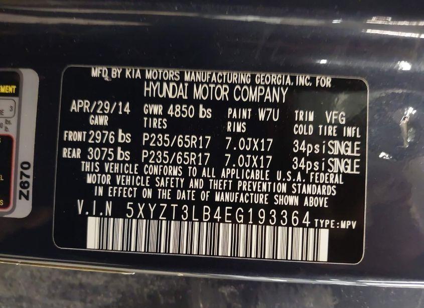 Photo 9 of 2014 Hyundai Santa FE SPORT 2.4L (VIN 5XYZT3LB4EG193364)