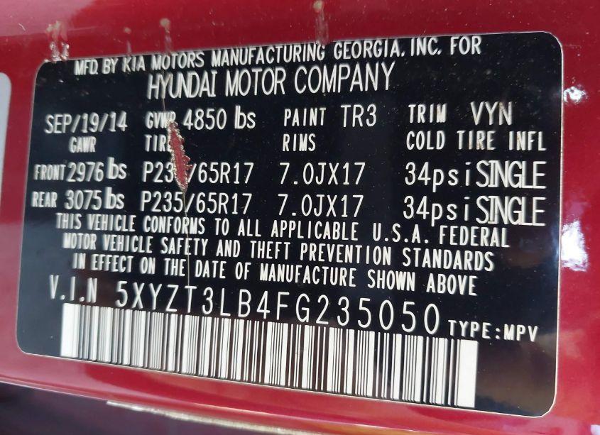 Photo 9 of 2015 Hyundai Santa FE SPORT 2.4L (VIN 5XYZT3LB4FG235050)