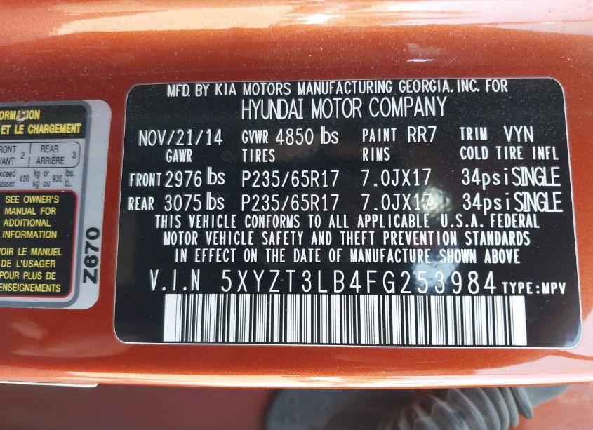 Photo 8 of 2015 Hyundai Santa FE SPORT 2.4L (VIN 5XYZT3LB4FG253984)