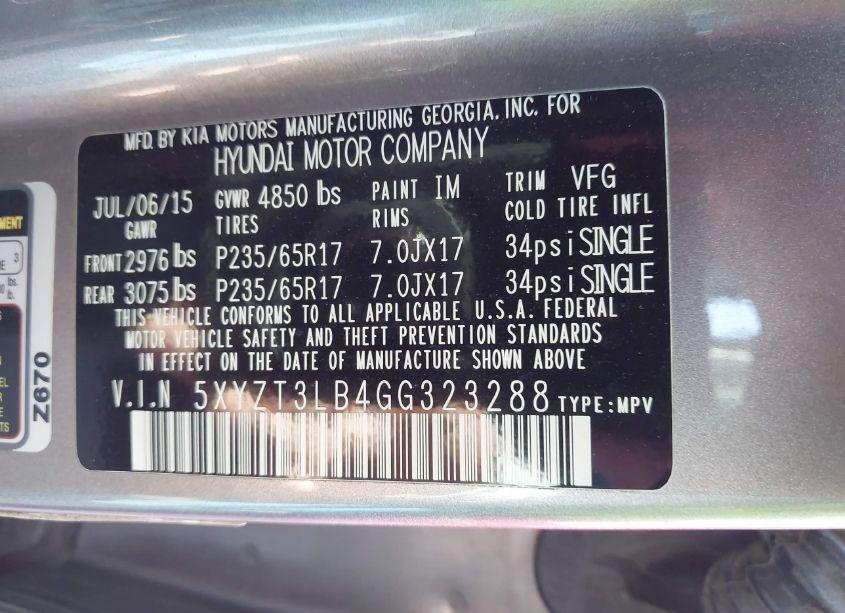 Photo 9 of 2016 Hyundai Santa FE SPORT 2.4L (VIN 5XYZT3LB4GG323288)