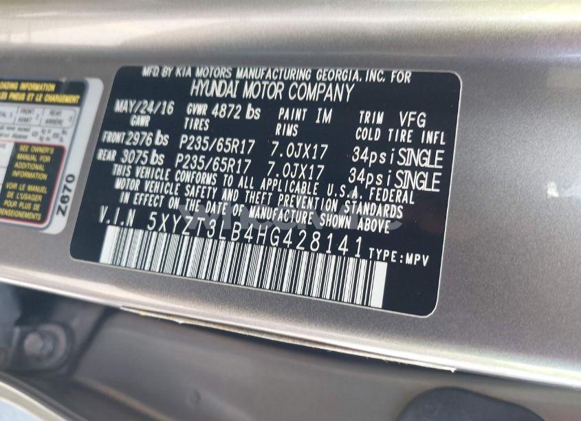 Photo 9 of 2017 Hyundai Santa FE SPORT 2.4L (VIN 5XYZT3LB4HG428141)