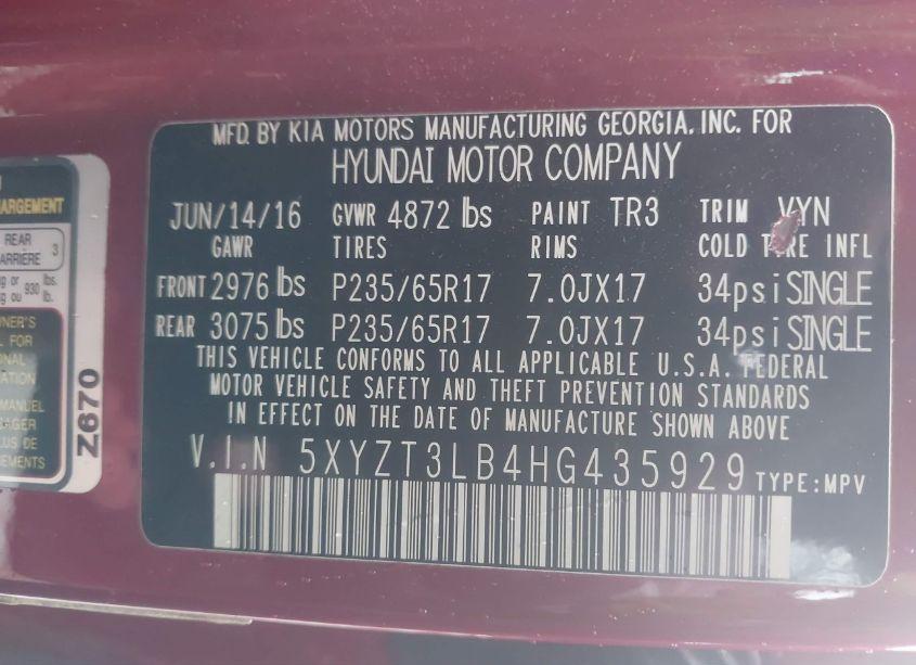 Photo 9 of 2017 Hyundai Santa FE SPORT 2.4L (VIN 5XYZT3LB4HG435929)