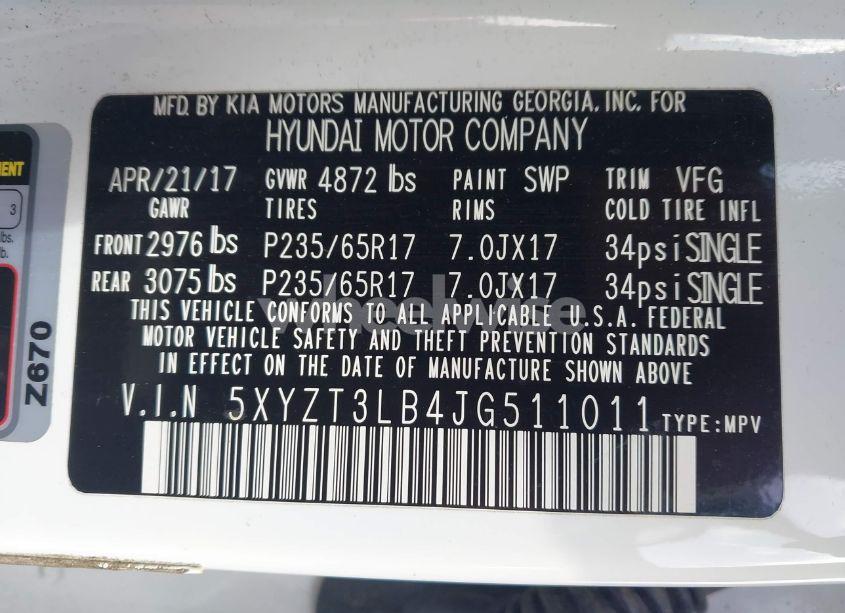 Photo 9 of 2018 Hyundai Santa FE SPORT 2.4L (VIN 5XYZT3LB4JG511011)