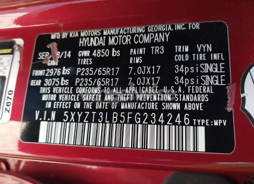 Photo 9 of 2015 Hyundai Santa FE SPORT 2.4L (VIN 5XYZT3LB5FG234246)