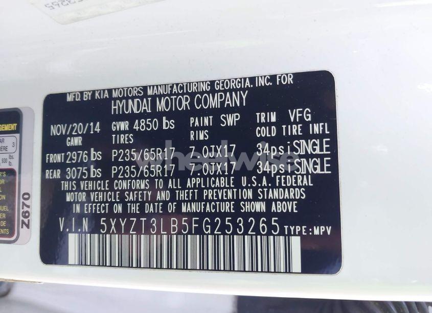 Photo 9 of 2015 Hyundai Santa FE SPORT 2.4L (VIN 5XYZT3LB5FG253265)