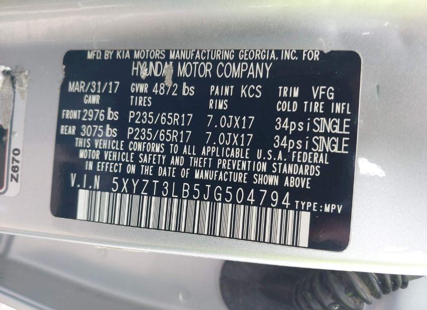 Photo 9 of 2018 Hyundai Santa FE SPORT 2.4L (VIN 5XYZT3LB5JG504794)