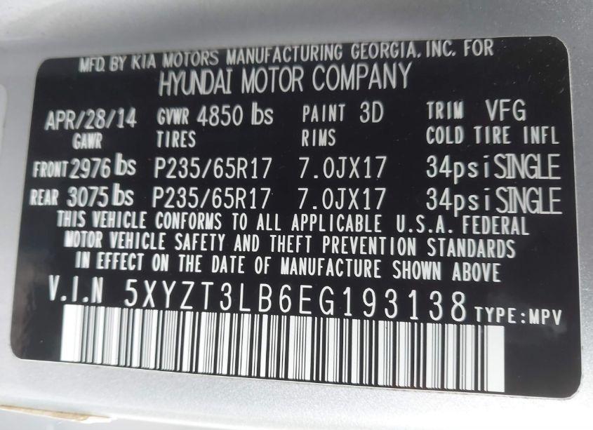 Photo 9 of 2014 Hyundai Santa FE SPORT 2.4L (VIN 5XYZT3LB6EG193138)