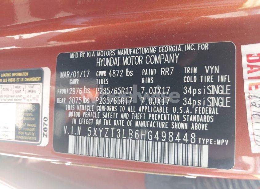 Photo 9 of 2017 Hyundai Santa FE SPORT 2.4L (VIN 5XYZT3LB6HG498448)