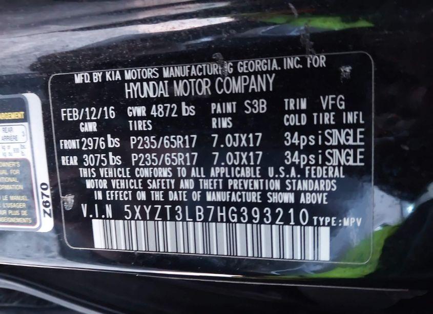 Photo 9 of 2017 Hyundai Santa FE SPORT 2.4L (VIN 5XYZT3LB7HG393210)