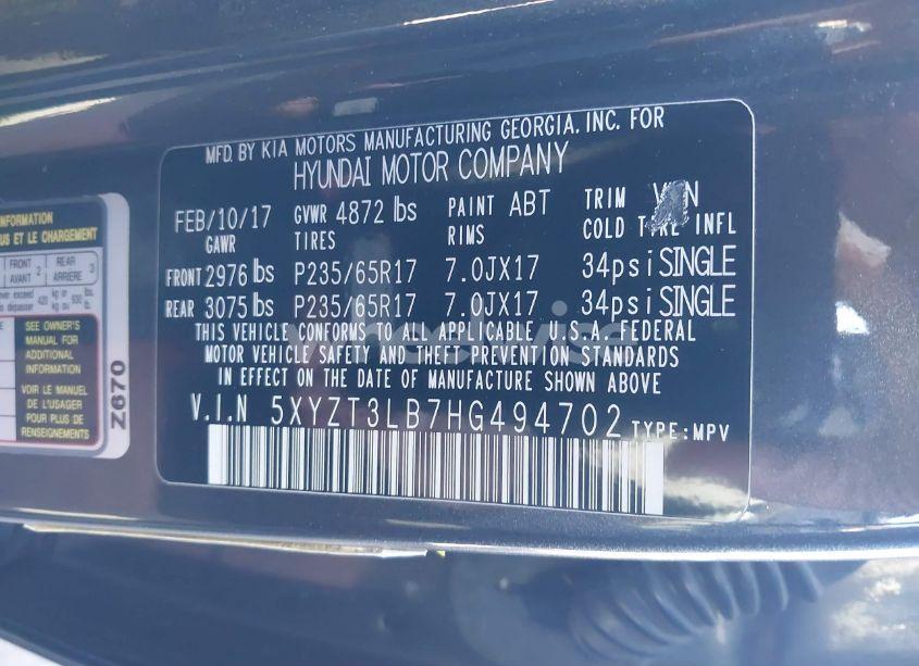 Photo 9 of 2017 Hyundai Santa FE SPORT 2.4L (VIN 5XYZT3LB7HG494702)