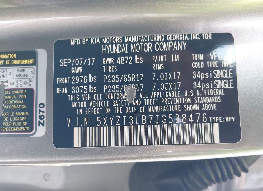 Photo 9 of 2018 Hyundai Santa FE SPORT 2.4L (VIN 5XYZT3LB7JG538476)