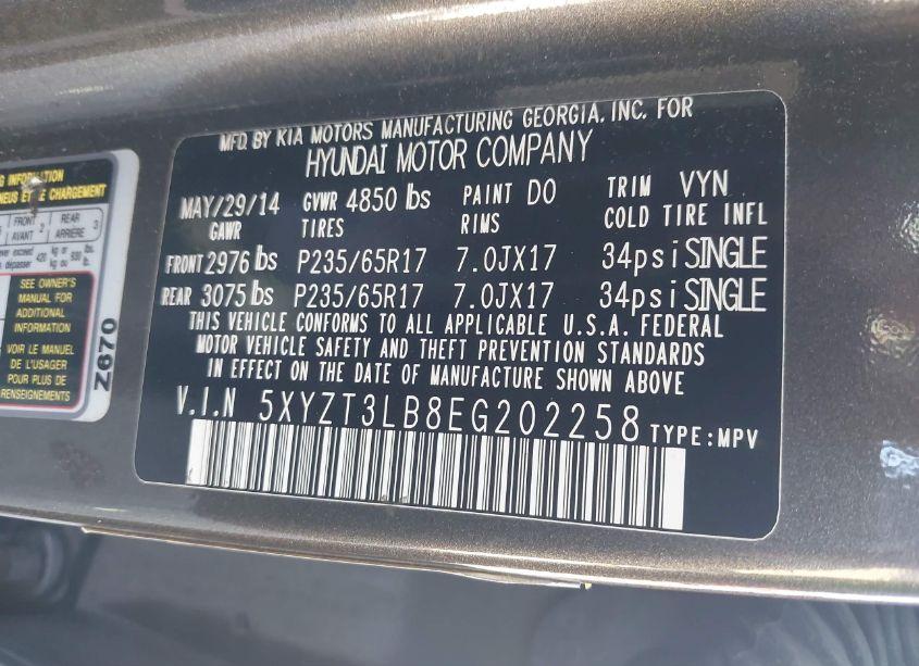 Photo 9 of 2014 Hyundai Santa FE SPORT 2.4L (VIN 5XYZT3LB8EG202258)