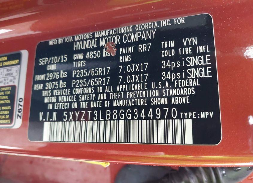 Photo 9 of 2016 Hyundai Santa FE SPORT 2.4L (VIN 5XYZT3LB8GG344970)