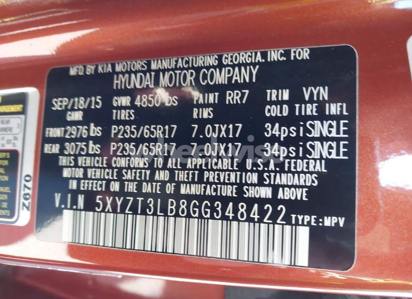 Photo 9 of 2016 Hyundai Santa FE SPORT 2.4L (VIN 5XYZT3LB8GG348422)