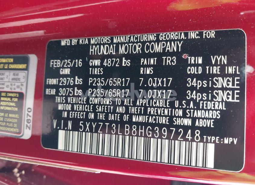 Photo 9 of 2017 Hyundai Santa FE SPORT 2.4L (VIN 5XYZT3LB8HG397248)