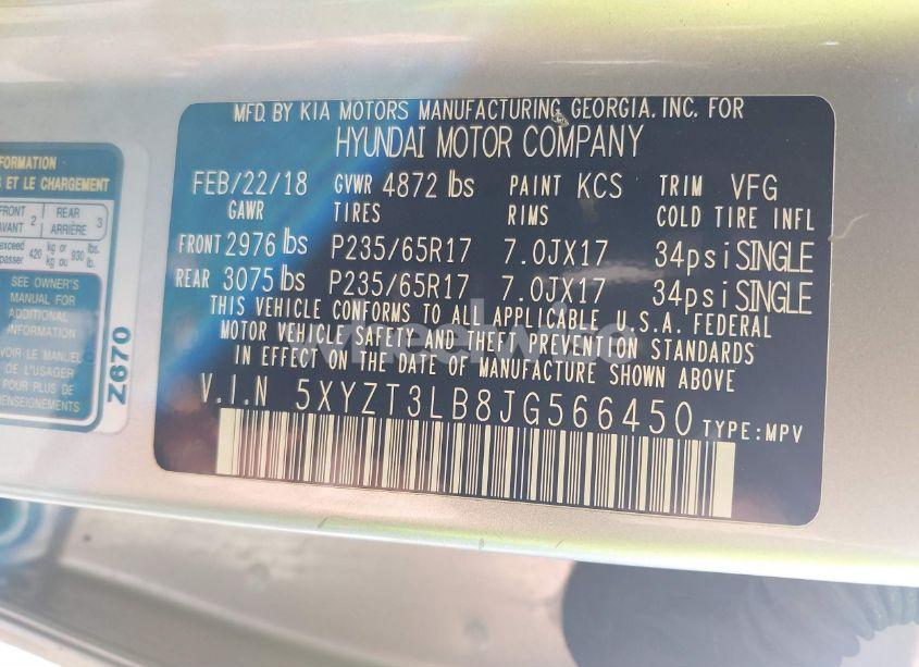 Photo 9 of 2018 Hyundai Santa FE SPORT 2.4L (VIN 5XYZT3LB8JG566450)